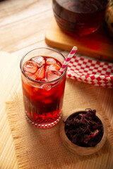 Hibiscus cooler. In Mexico, known as Agua de Jamaica, an infusion made from the hibiscus flower (Hibiscus sabdariffa), which is said to have multiple health benefits. It can be enjoyed hot or cold.