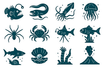 Collection of stylized sea creatures and marine life icons