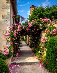 Naklejka premium Rose-covered alleyway in a quaint village