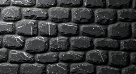 Textured Stone Wall - Dark Bricks with White Veins in Monochrome.