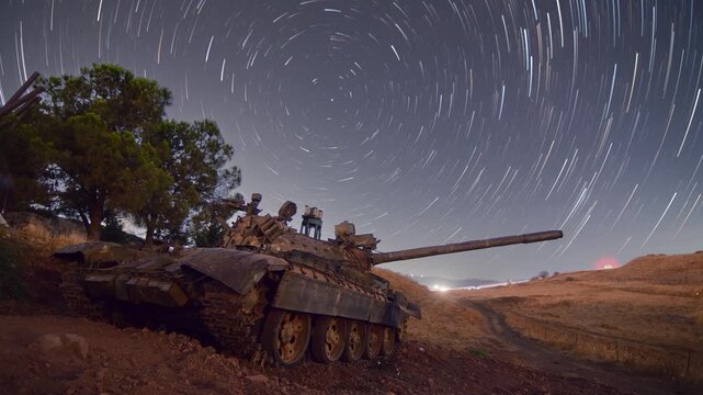 Abandoned Syrian Tank Under Spinning Star Trails Around Polaris