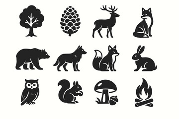 Fototapeta premium Silhouettes of forest animals and nature including deer, fox, and tree
