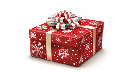 Fototapeta premium Classic red Christmas gift box decorated with a white bow and snowflake patterns, ideal for festive ecommerce promotions, holiday posters, and seasonal cards.