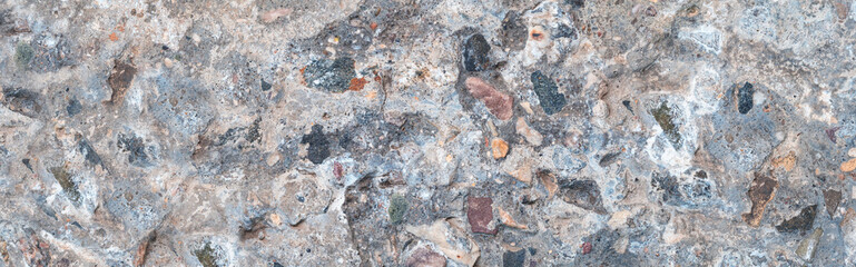 A gray and brown rock with many small rocks on it. The rock is rough and has a lot of texture