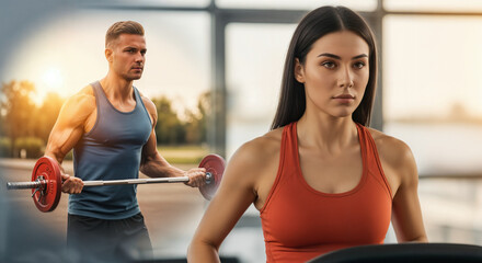Dedication to fitness and wellness a man lifting weights and a focused woman running in the gym energy and workout goals