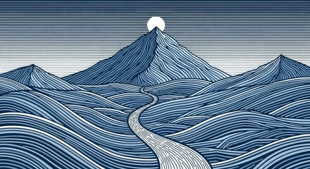 Stylized Mountain Landscape with Winding Path and Moon.