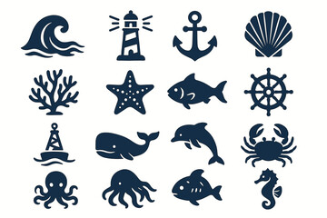 Obraz premium Nautical icons set: marine life, symbols, and sea creatures in simple silhouette style