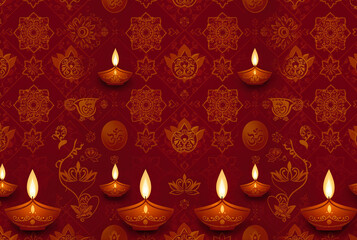 Diwali Background Pattern Rich repeating motif of lit diyas and golden mandalas on red, creating a vibrant and luxurious atmosphere of Indian celebration