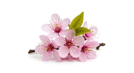 Delicate pink cherry blossoms with green leaves on a white background.