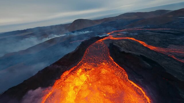 Epic aerial view of a massive lava river from an eruting volcano.