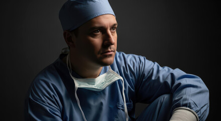 Dramatic portrait of a tired, thoughtful surgeon in blue scrubs, symbolizing emotional stress, heroism, and medical dedication