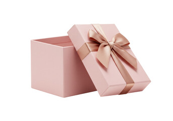 Open light pink gift box with ribbon isolated, present container for birthday celebration and special occasion on a clean backdrop