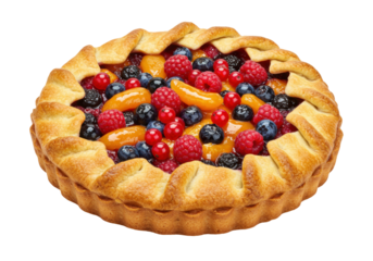 Delicious fruit galette isolated on transparent background, homemade pastry with fresh berries and peaches for dessert or sweet treat