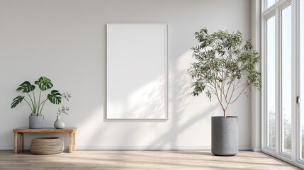 A white framed picture hangs on a wall