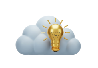 Golden light bulb with cloud isolated on transparent PNG, creative idea concept for innovation and technology