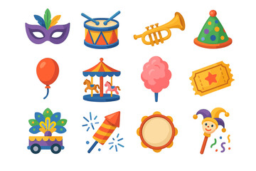 Obraz premium Colorful carnival icons: mask, drum, trumpet, carousel, candy, and more fun elements