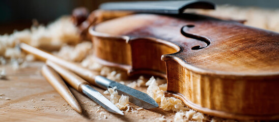 Small violin-maker workshop with wooden violin and tools on bench  