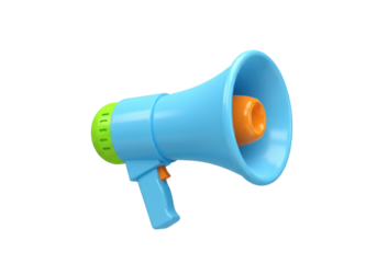 Light blue megaphone isolated on transparent background, 3D rendering of a bullhorn for announcements and public speaking