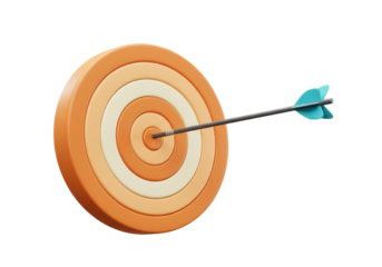 Orange target with arrow in bullseye isolated PNG, 3D rendering of archery target for business success and achievement