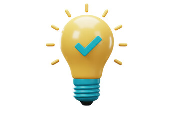 Yellow light bulb with check mark isolated PNG, creative idea concept for innovation and problem solving on transparent background