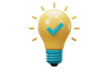 Yellow light bulb with check mark isolated PNG, creative idea concept for innovation and problem solving on transparent background