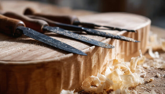 Small violin-maker workshops – bench tools composition with wood  