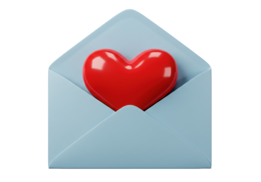 Red heart in light blue envelope isolated PNG, love letter concept for Valentine s Day and romantic messages