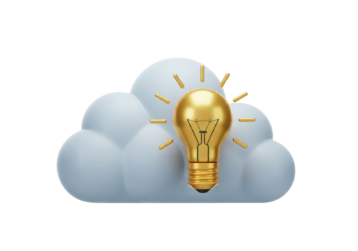 Golden light bulb with cloud isolated on transparent PNG, creative idea concept for innovation and technology - Powered by Adobe