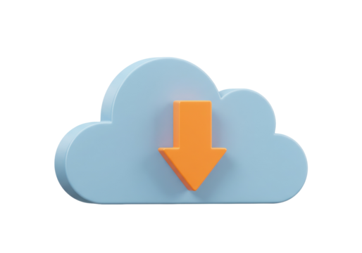 Blue cloud with orange arrow isolated PNG, download symbol for cloud computing and data transfer on transparent background