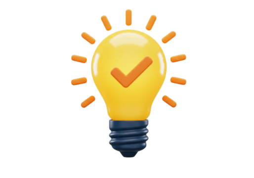 Yellow light bulb with check mark isolated PNG, concept for ideas, solutions, and problem solving on transparent background