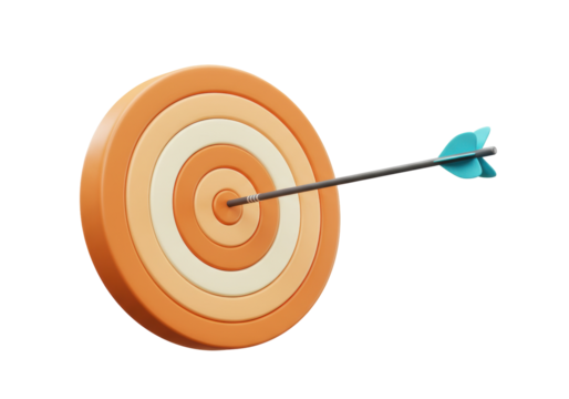 Orange target with arrow in bullseye isolated PNG, 3D rendering of archery target for business success and achievement