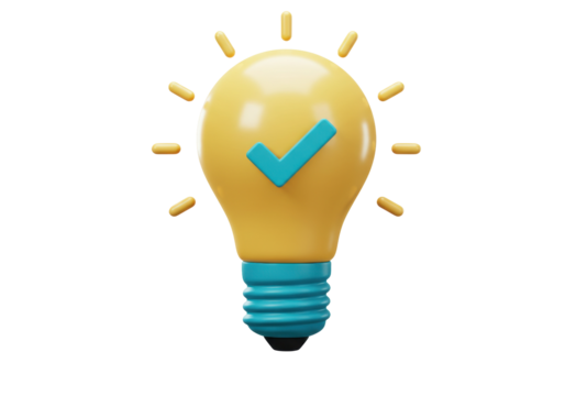 Yellow light bulb with check mark isolated PNG, creative idea concept for innovation and problem solving on transparent background