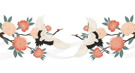 Elegant Cranes and Blossoms - A Serene Asian-Inspired Illustration.
