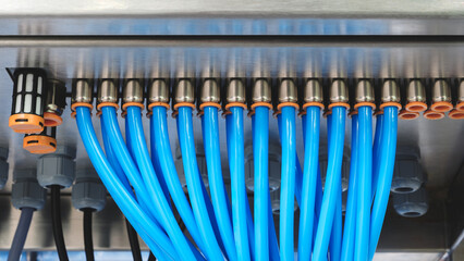 Food production machine with stainless steel pipes, cooling radiator as separator and tanks, valves and measuring instruments