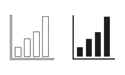 Vector of bar chart icons symbol of data analysis, statistics, business, finance and market trends in outline and solid black logo
