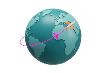 World globe with airplane flying isolated on transparent background, travel route concept in 3D rendering PNG