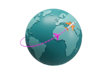 World globe with airplane flying isolated on transparent background, travel route concept in 3D rendering PNG