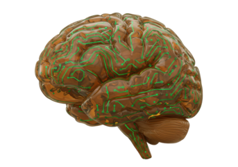 Artificial intelligence brain with circuit board pattern isolated, conceptual technology and future innovation in PNG format
