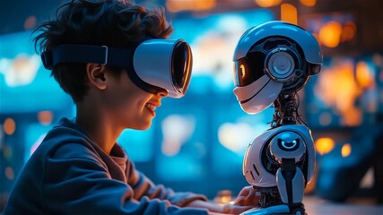 Exciting interaction between a child and a robot with virtual reality technology in a futuristic setting - Powered by Adobe