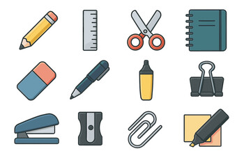 Assorted stationery icons: pencil, scissors, highlighter, notebook, and more
