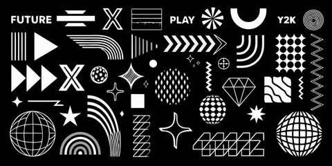 Fototapeta premium Collection of y2k and futuristic graphic design elements and abstract shapes on a black background