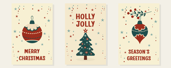 Set of vertical Christmas cards on beige background with tree, retro ornaments, and stars — elegant festive holiday design with Merry Christmas, Holly Jolly, and Season’s Greetings typography for wint