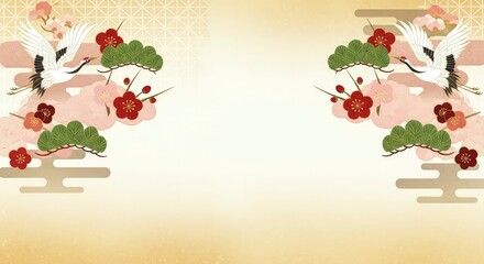 Elegant Japanese New Years Card with Cranes and Plum Blossoms.