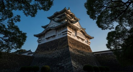 Fototapeta premium Osaka Castle Framed by Trees - A Majestic Japanese Landmark.