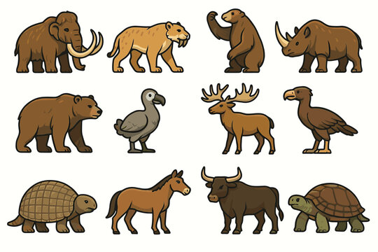 Cartoon illustration of extinct and extant animals in various poses