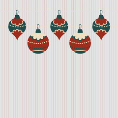 Square Christmas card with vintage ornaments hanging Beige pastel background with thin stripes Elegant retro holiday design Copy space for greeting text Classic winter template. 