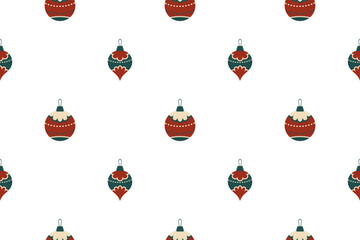 Seamless vector pattern with Christmas ornaments in flat retro style baubles, in muted red and green tones. Perfect for festive wrapping and backgrounds. Isolated white background