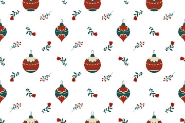 Seamless vector pattern Christmas baubles, flowers, and berry branches Flat retro style. Muted red and green tones create nostalgic festive design perfect for wrapping decor Isolated white background