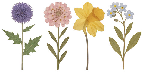 PNG Illustrated delicate flowers variety, element set on transparent background