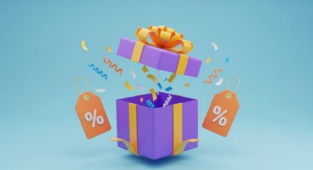Surprise Gift Box with Discount Tags and Confetti.